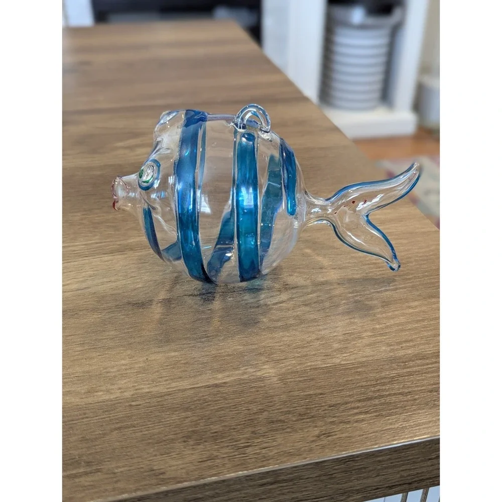 Coastal Grandmillennial Hand Blown Blue Glass Fish Ornament Nautical